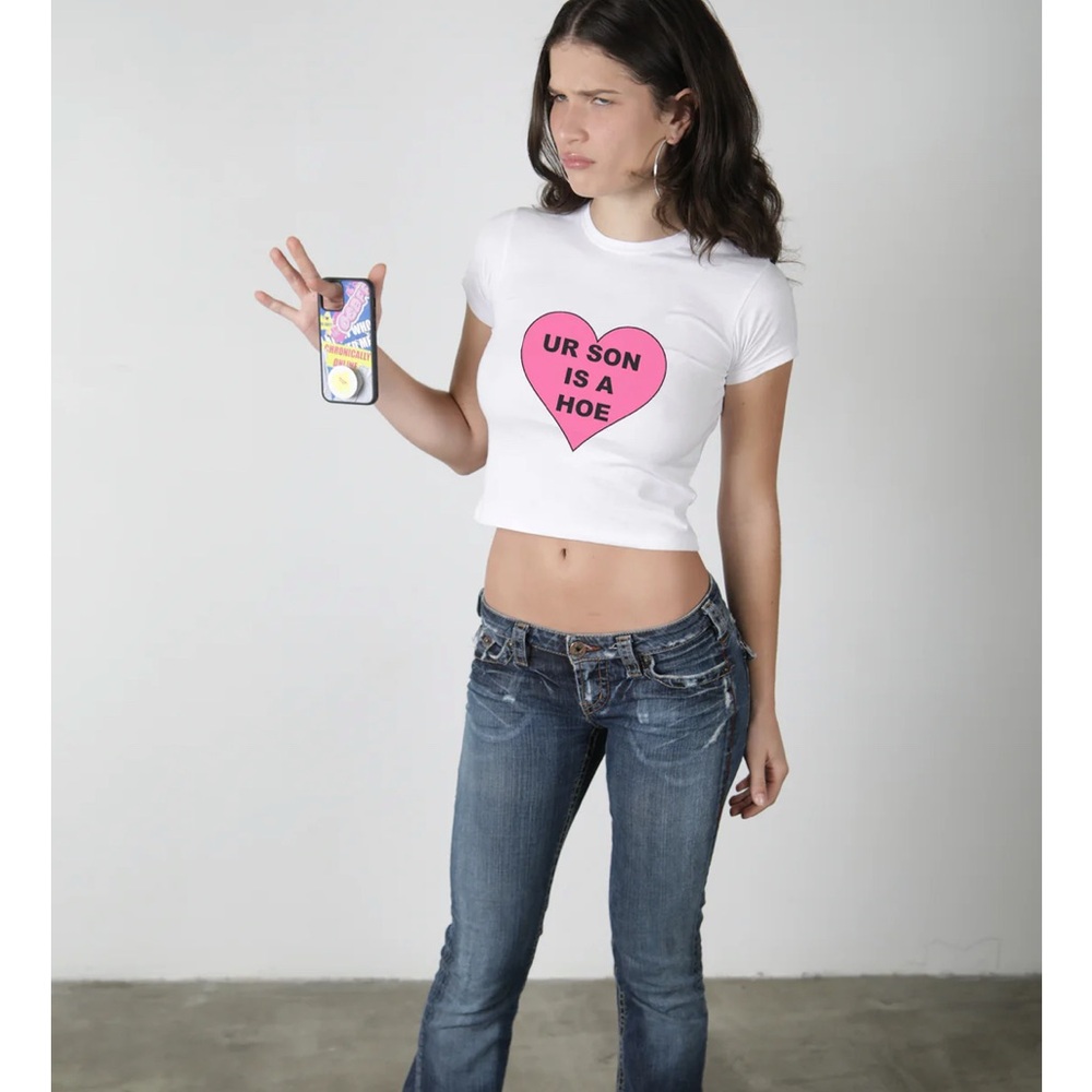 White Crop Top with Pink Heart Graphic